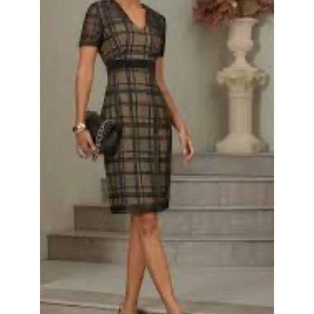 Fehaute Black Organza Plaid Classic V-Neck Short Sleeve Sheath Midi Dress size 6